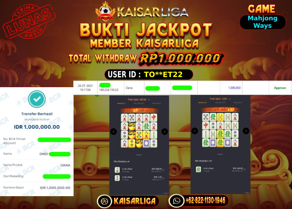 BUKTI JACKPOT SLOT KAISARLIGA RP. 1.000.000,-LUNAS