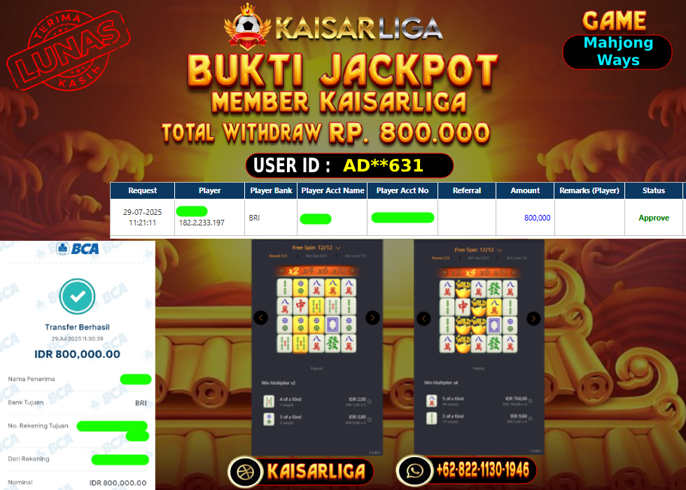 BUKTI JACKPOT SLOT KAISARLIGA RP. 800.000,-LUNAS