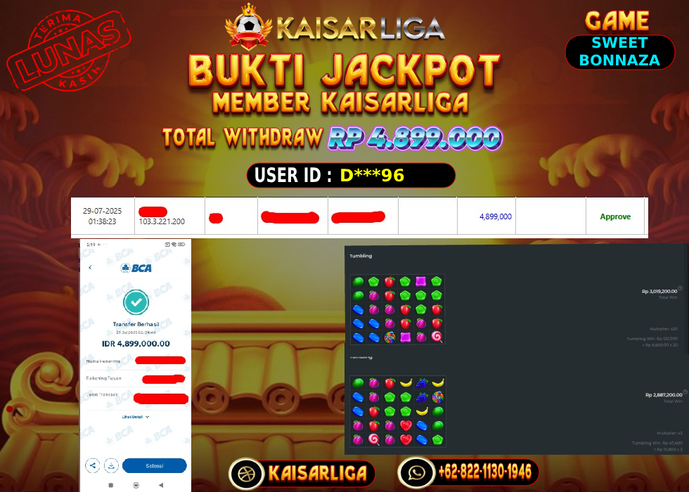 BUKTI JACKPOT SLOT KAISARLIGA RP. 4.899.000,-LUNAS