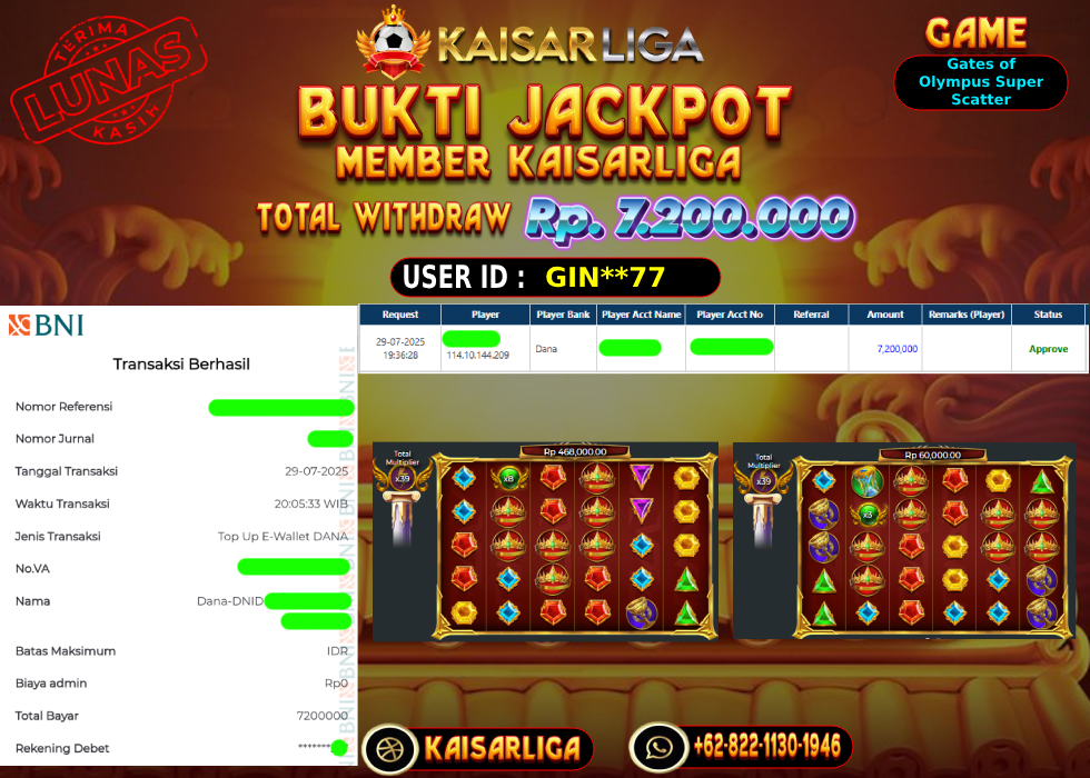 BUKTI JACKPOT SLOT KAISARLIGA RP. 7.200.000,-LUNAS