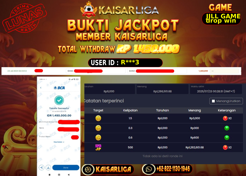 BUKTI JACKPOT SLOT KAISARLIGA RP. 1.450.000,-LUNAS
