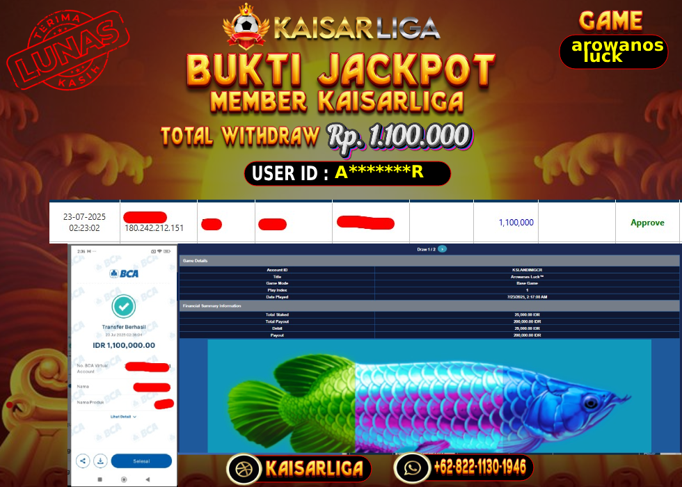 BUKTI JACKPOT SLOT KAISARLIGA RP. 1.100.000,-LUNAS
