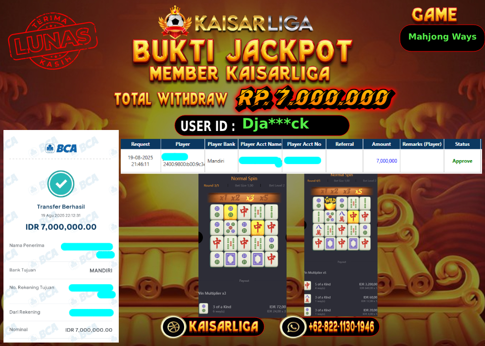 BUKTI JACKPOT SLOT KAISARLIGA RP. 7.000.000.- LUNAS