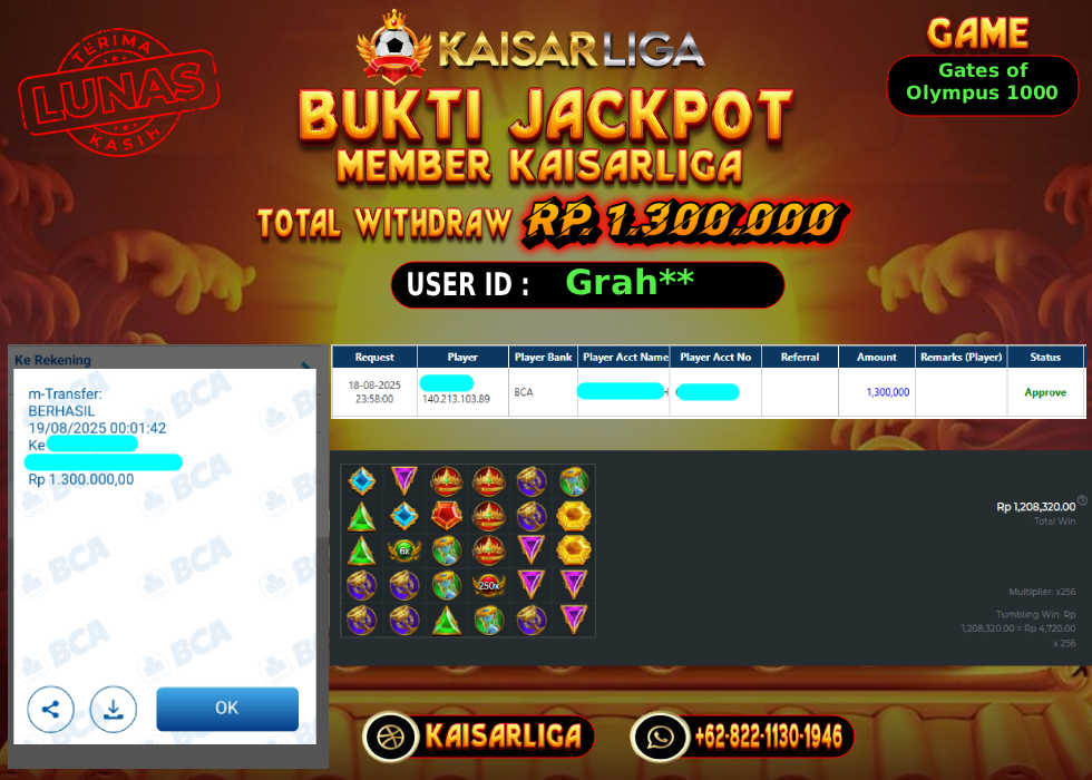 BUKTI JACKPOT SLOT KAISARLIGA RP. 1.300.000.- LUNAS