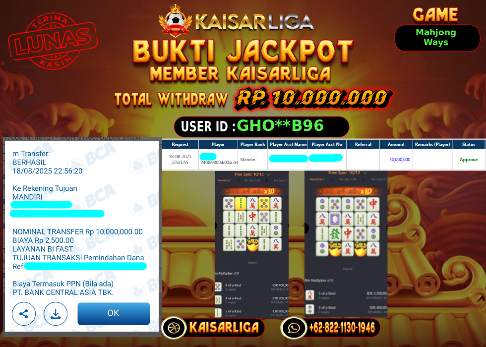 BUKTI JACKPOT SLOT KAISARLIGA RP. 10.000.000.- LUNAS