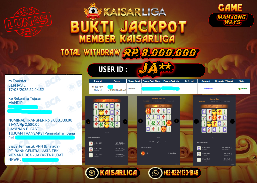 BUKTI JACKPOT SLOT KAISARLIGA RP. 8.000,000 LUNAS