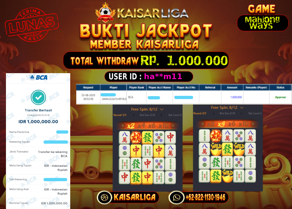 BUKTI JACKPOT SLOT KAISARLIGA RP. 1.000.000.- LUNAS