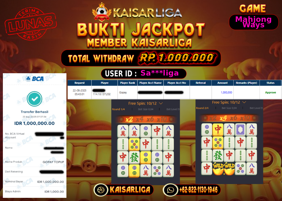 BUKTI JACKPOT SLOT KAISARLIGA RP. 1.000.000.- LUNAS
