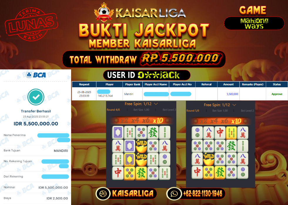 BUKTI JACKPOT SLOT KAISARLIGA RP. 5.500.000.- LUNAS