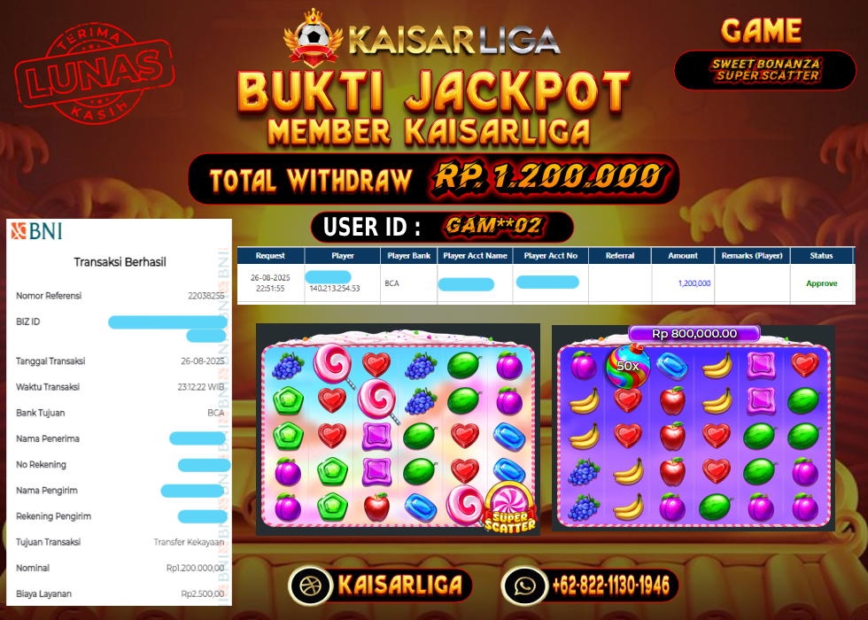 BUKTI JACKPOT SLOT KAISARLIGA RP. 1.200.000.- LUNAS