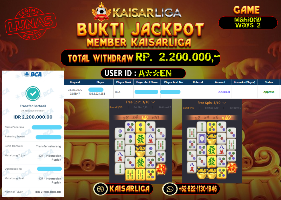 BUKTI JACKPOT SLOT KAISARLIGA RP. 2.200.000.- LUNAS