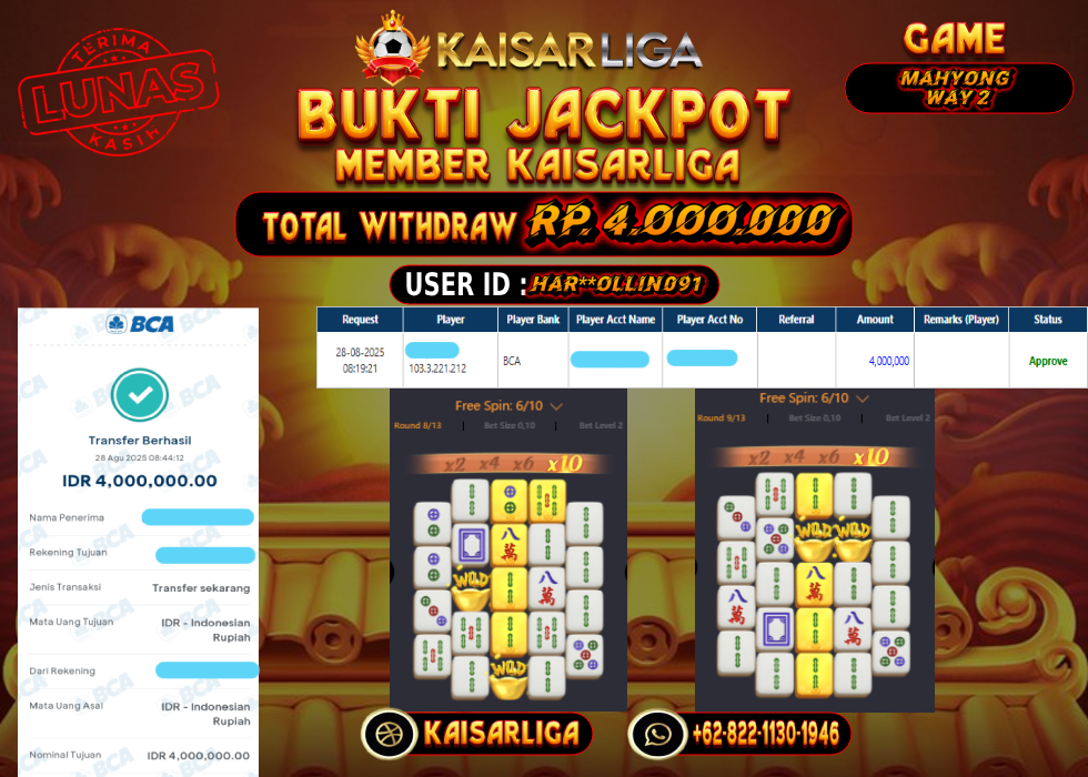 BUKTI JACKPOT SLOT KAISARLIGA RP. 4.000.000.- LUNAS