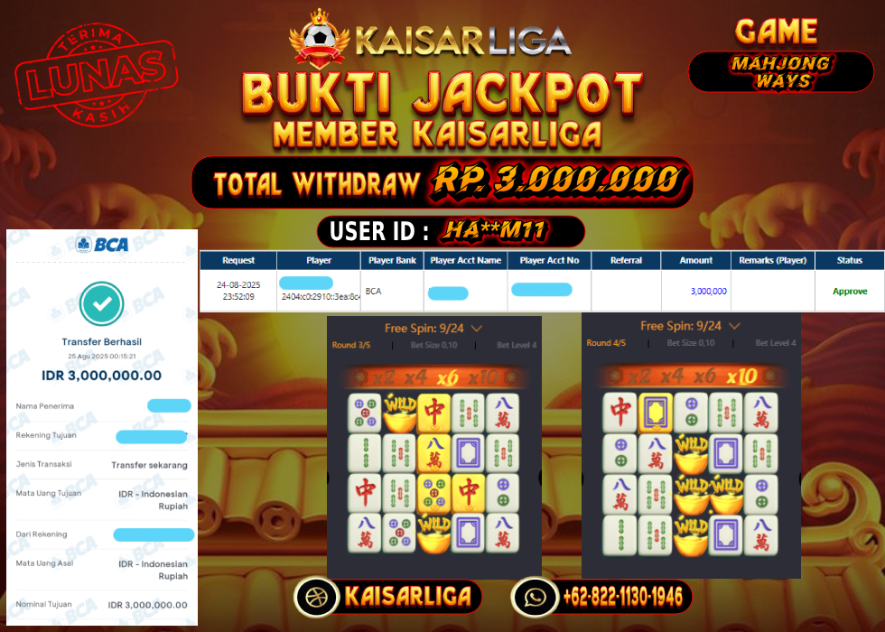 BUKTI JACKPOT SLOT KAISARLIGA RP. 3.000.000.- LUNAS