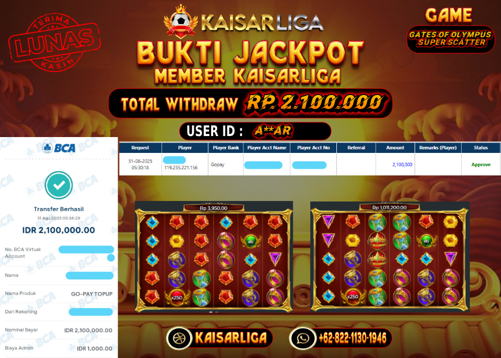 BUKTI JACKPOT SLOT KAISARLIGA RP. 2.100.000.- LUNAS