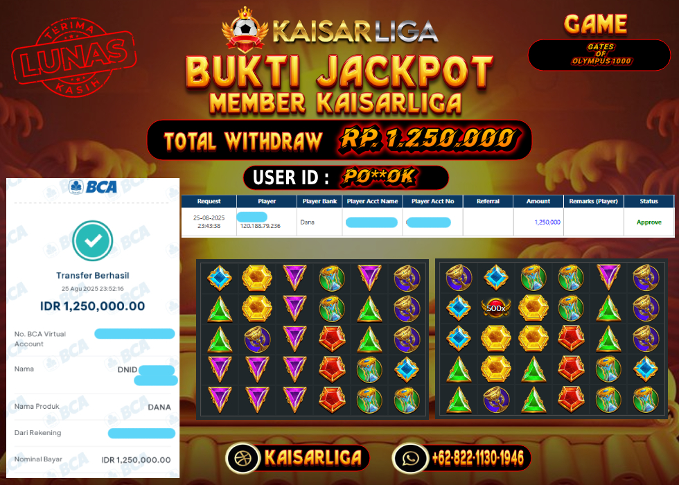 BUKTI JACKPOT SLOT KAISARLIGA RP. 1.250.000.- LUNAS