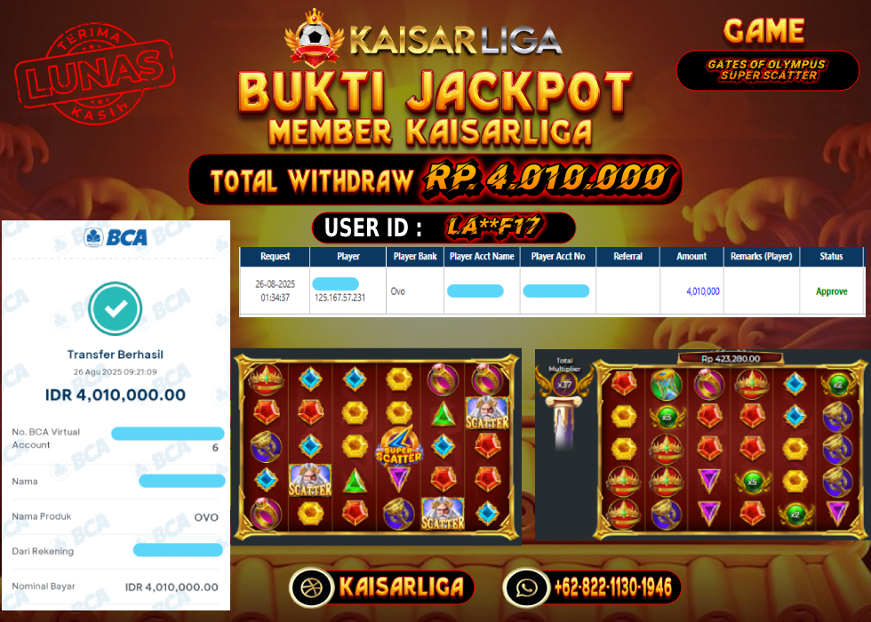BUKTI JACKPOT SLOT KAISARLIGA RP. 4.010.000.- LUNAS