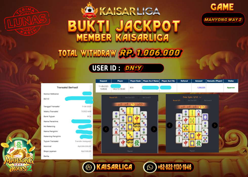 BUKTI JACKPOT SLOT KAISARLIGA RP. 1.006.000,-LUNAS
