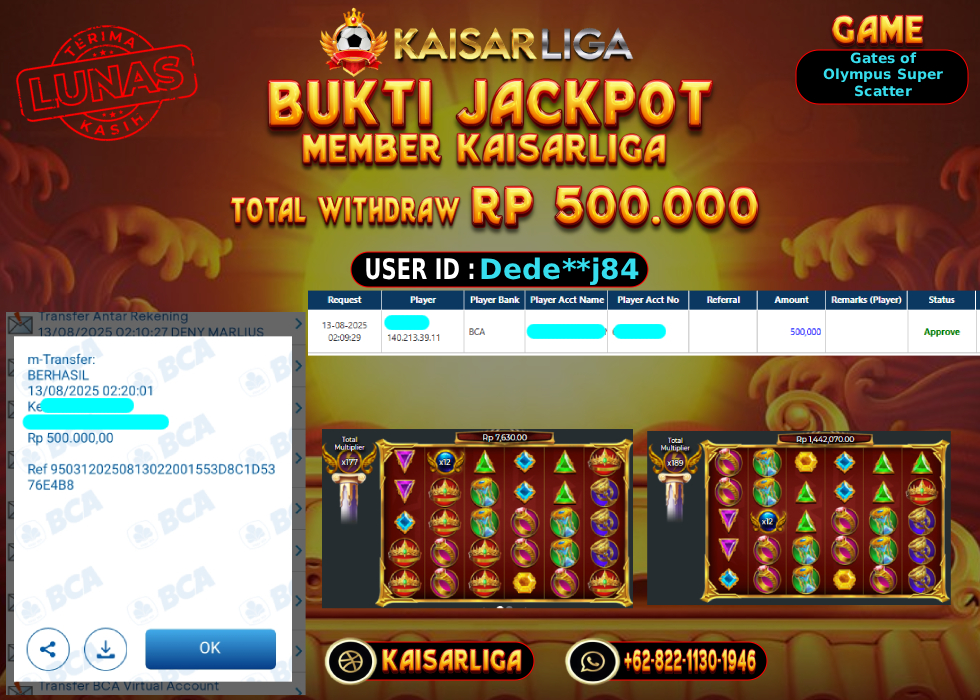 BUKTI JACKPOT SLOT KAISARLIGA RP. 500.000,-LUNAS