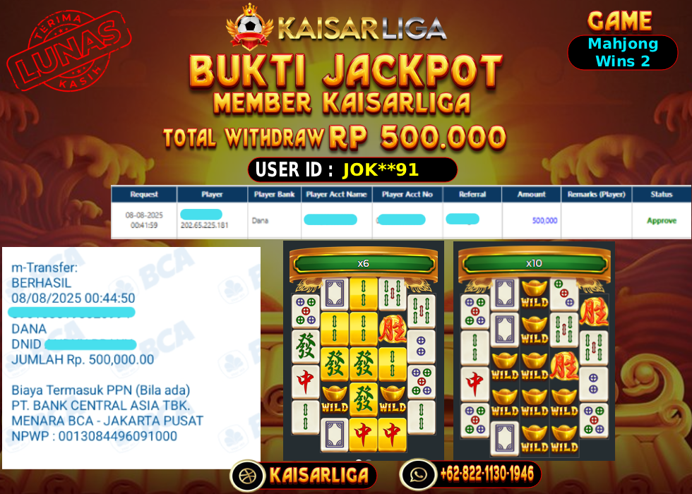 BUKTI JACKPOT SLOT KAISARLIGA RP. 500.000,-LUNAS