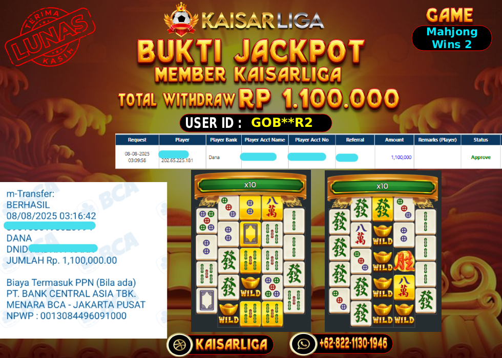 BUKTI JACKPOT SLOT KAISARLIGA RP. 1.100.000,-LUNAS