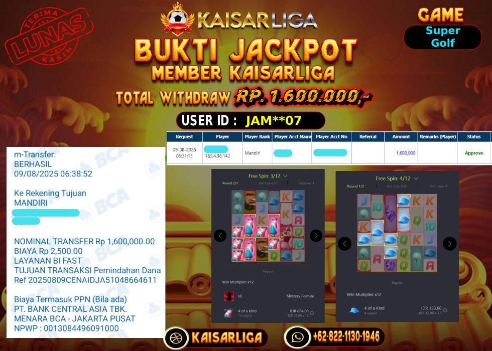 BUKTI JACKPOT SLOT KAISARLIGA RP. 1.600.000,-LUNAS