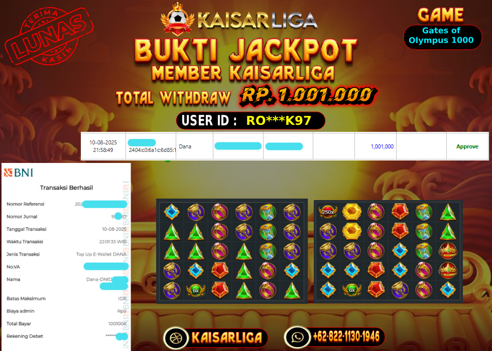 BUKTI JACKPOT SLOT KAISARLIGA RP. 1.001.000,-LUNAS