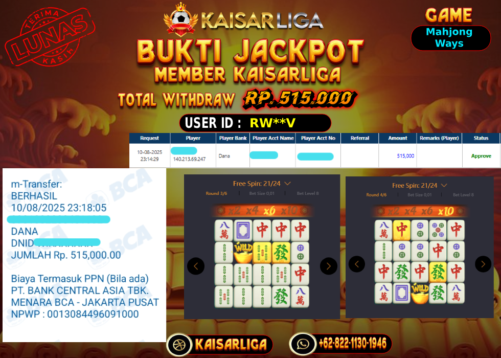 BUKTI JACKPOT SLOT KAISARLIGA RP. 515.000,-LUNAS