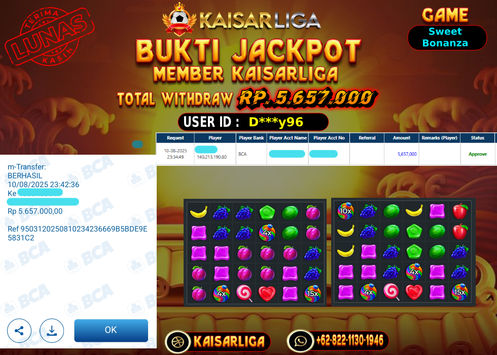 BUKTI JACKPOT SLOT KAISARLIGA RP. 5.657.000,-LUNAS