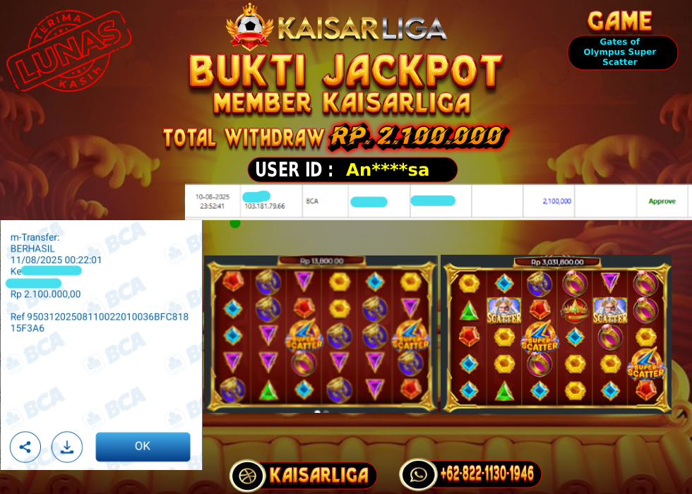 BUKTI JACKPOT SLOT KAISARLIGA RP. 2.100.000,-LUNAS
