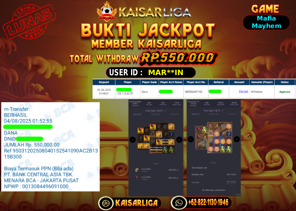 BUKTI JACKPOT SLOT KAISARLIGA RP. 550.000,-LUNAS