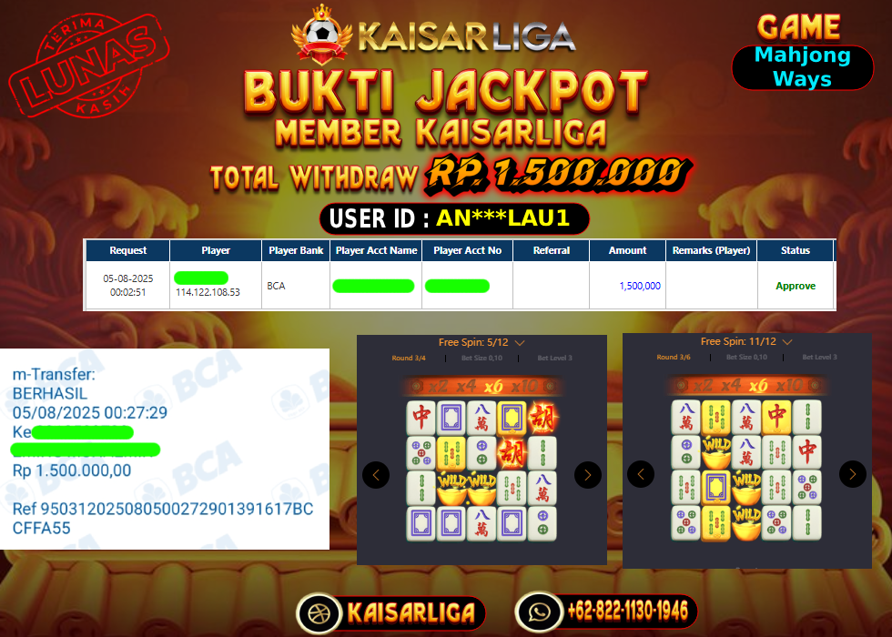 BUKTI JACKPOT SLOT KAISARLIGA RP. 1.500.000,-LUNAS