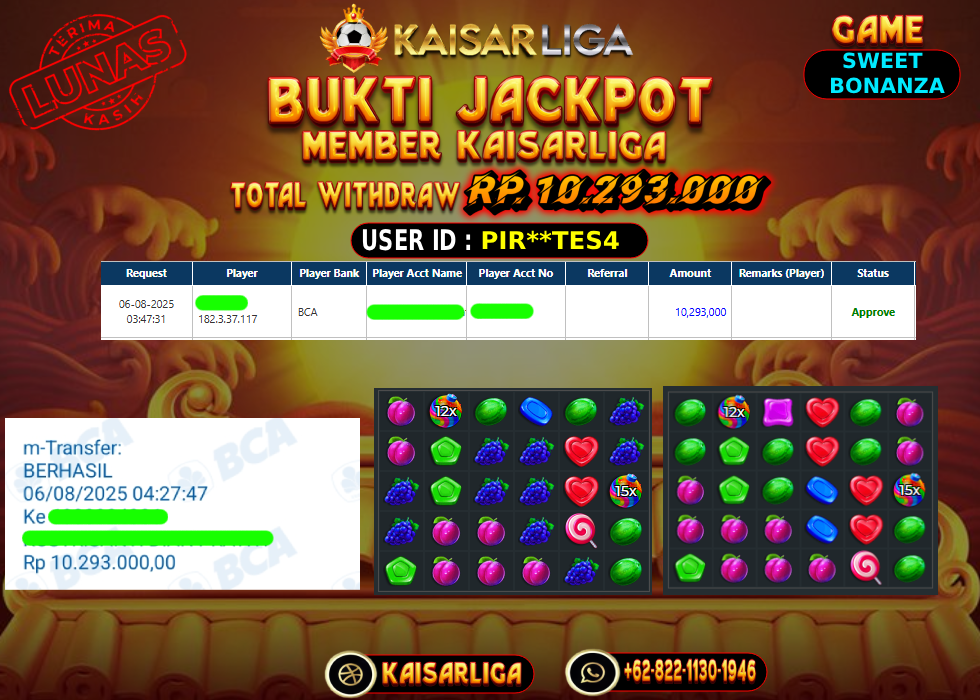 BUKTI JACKPOT SLOT KAISARLIGA RP. 10.293.000,-LUNAS