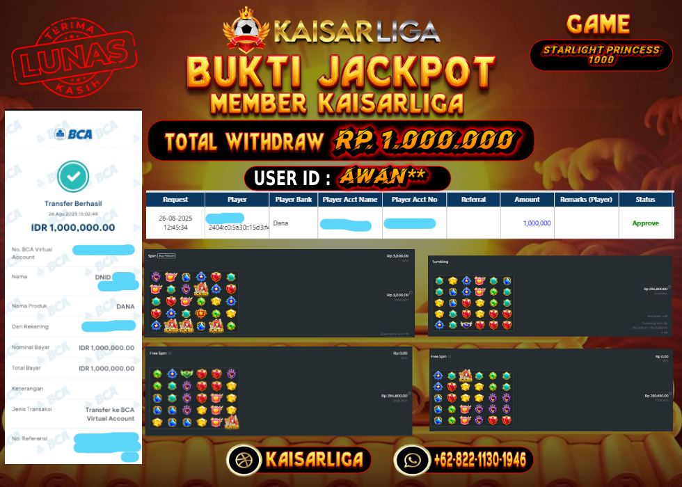 BUKTI JACKPOT SLOT KAISARLIGA RP. 1.000.000.- LUNAS