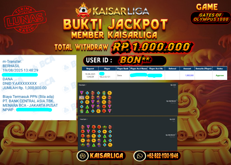 BUKTI JACKPOT SLOT KAISARLIGA RP. 1.000.000.- LUNAS