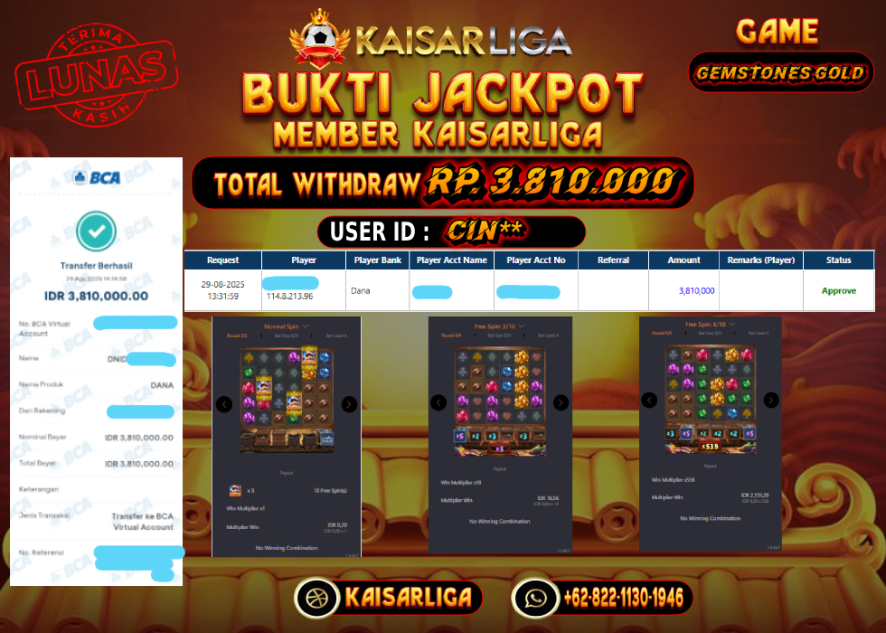 BUKTI JACKPOT SLOT KAISARLIGA RP. 3.810.000.- LUNAS