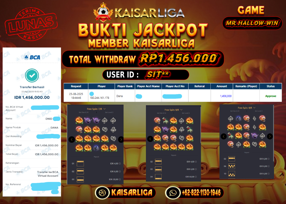 BUKTI JACKPOT SLOT KAISARLIGA RP. 1.456.000.- LUNAS