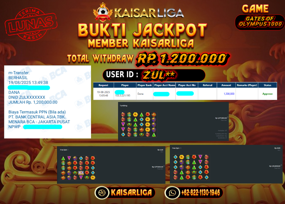 BUKTI JACKPOT SLOT KAISARLIGA RP.1 200.000.- LUNAS