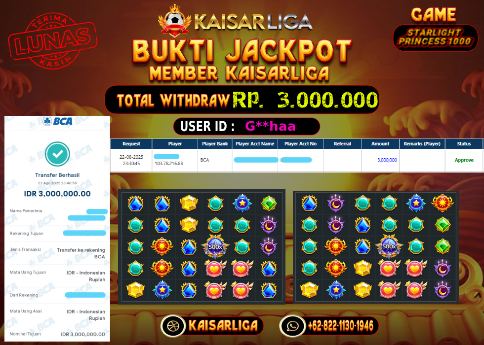 BUKTI JACKPOT SLOT KAISARLIGA RP. 3.000.000.- LUNAS