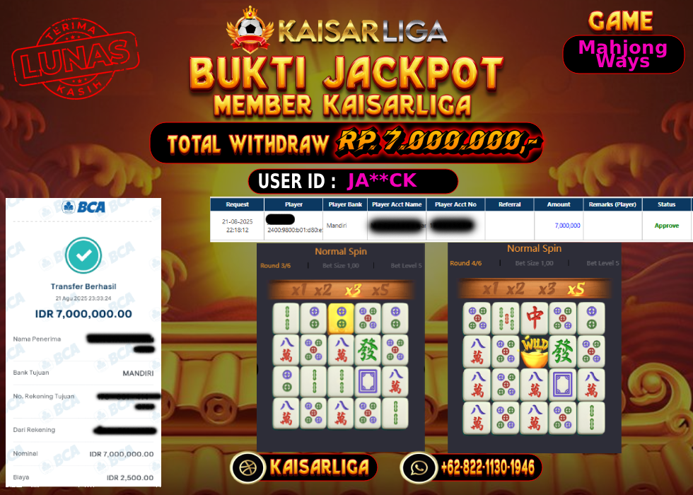 BUKTI JACKPOT SLOT KAISARLIGA RP. 7.000.000.- LUNAS