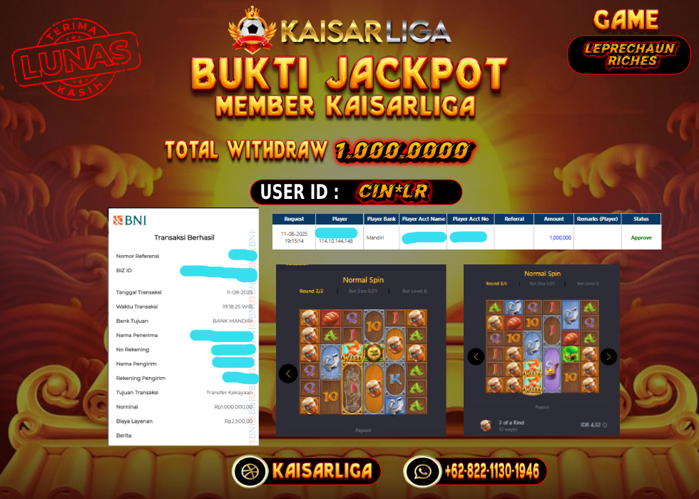 BUKTI JACKPOT SLOT KAISARLIGA RP. 1.000.000,-LUNAS