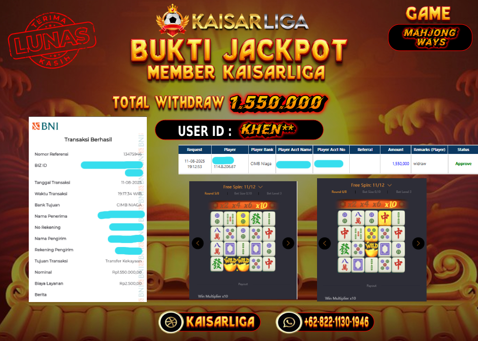 BUKTI JACKPOT SLOT KAISARLIGA RP. 1.550.000.-LUNAS