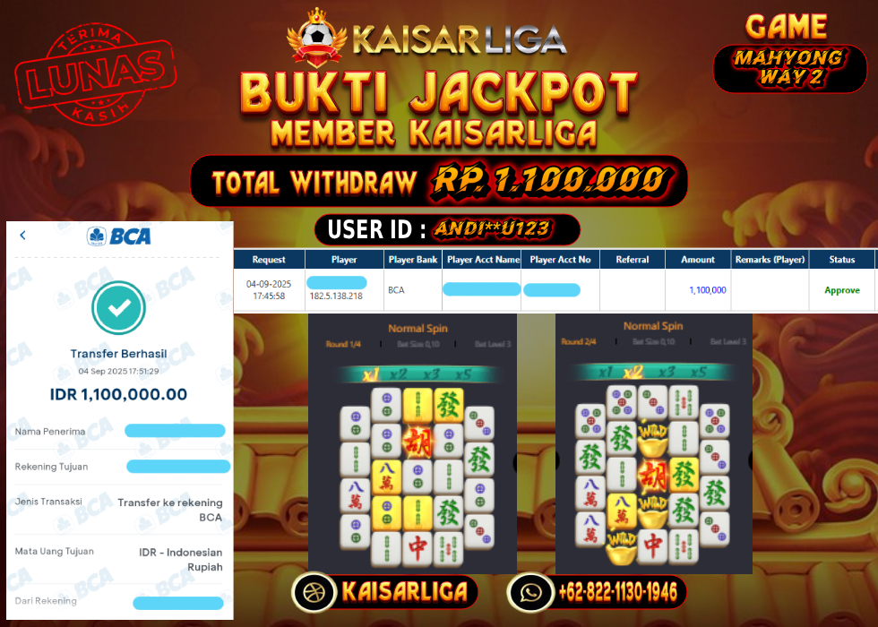 BUKTI JACKPOT SLOT KAISARLIGA RP. 1.100.000.- LUNAS