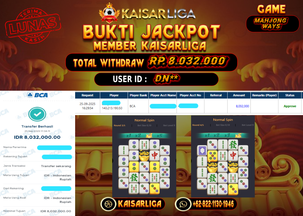 BUKTI JACKPOT SLOT KAISARLIGA RP. 8.032.000.- LUNAS