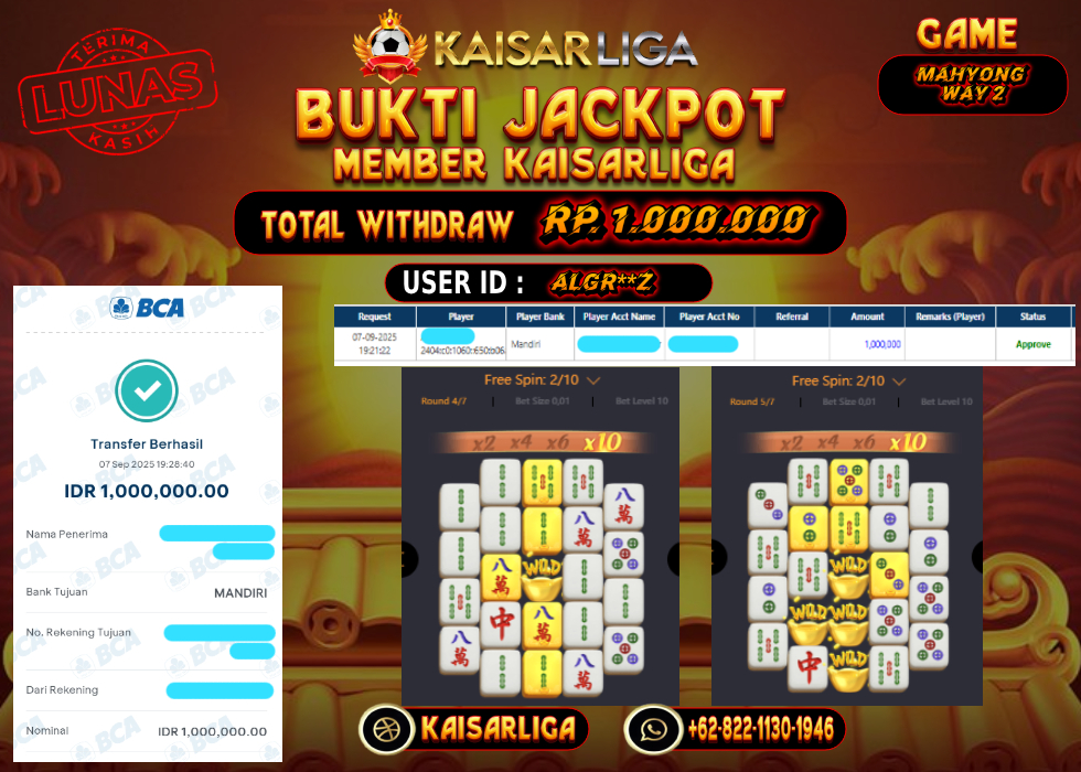 BUKTI JACKPOT SLOT KAISARLIGA RP. 1.000.000.- LUNAS