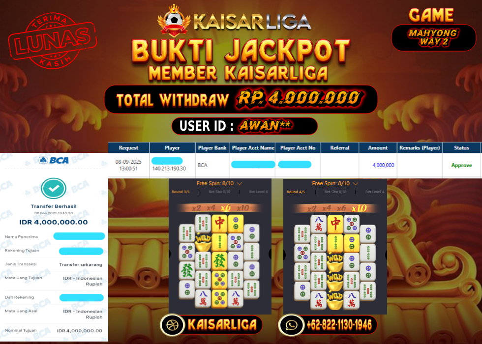 BUKTI JACKPOT SLOT KAISARLIGA RP. 4.000.000.- LUNAS
