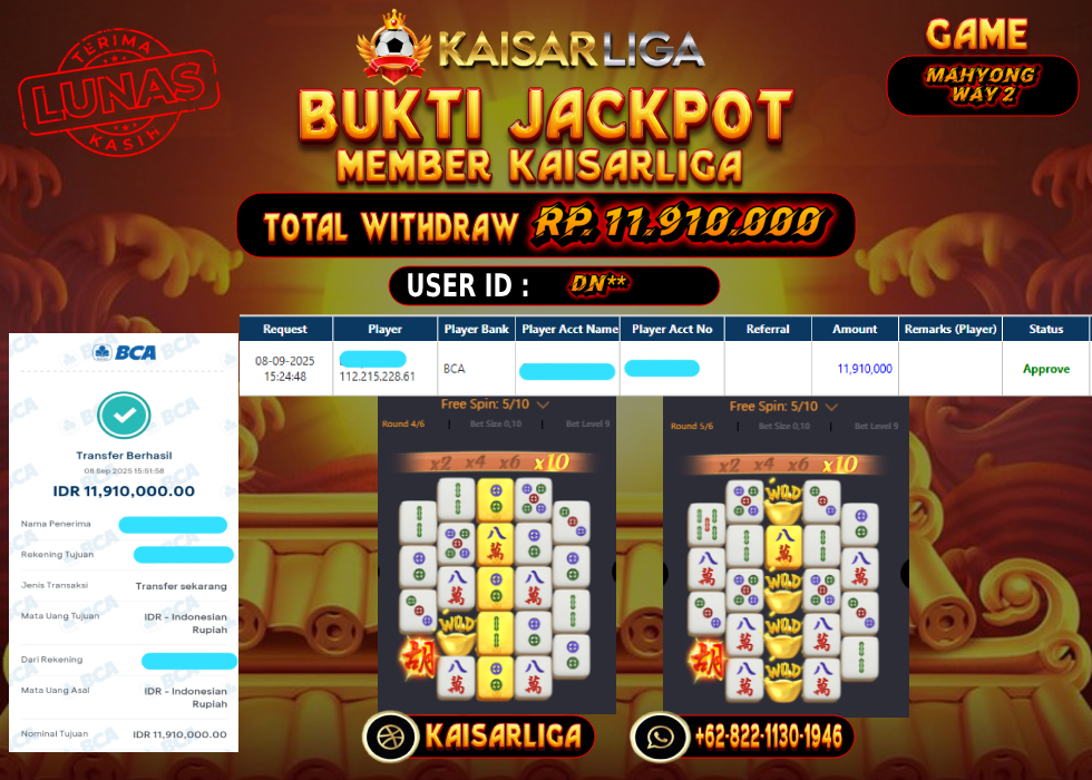 BUKTI JACKPOT SLOT KAISARLIGA RP. 11.910.000.- LUNAS