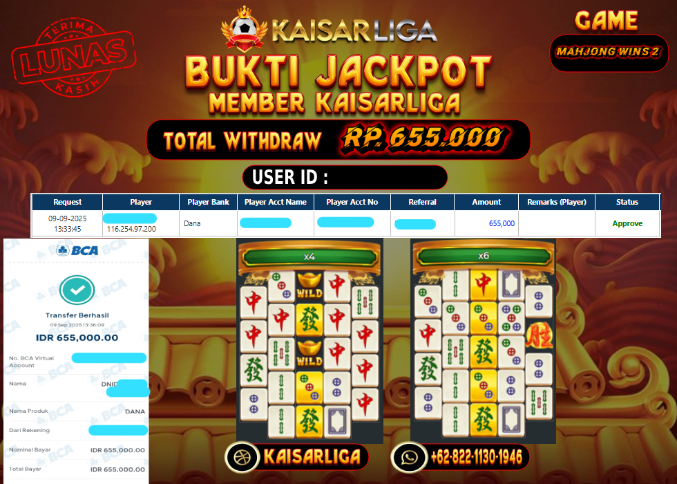 BUKTI JACKPOT SLOT KAISARLIGA RP. 655.000.- LUNAS