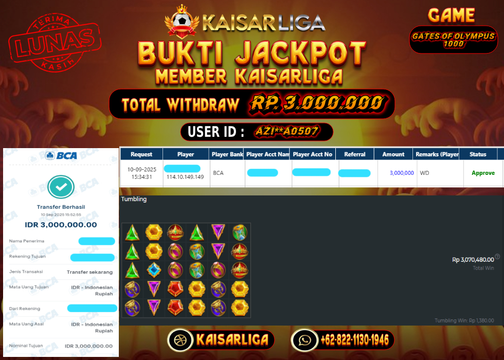 BUKTI JACKPOT SLOT KAISARLIGA RP. 3.000.000.- LUNAS