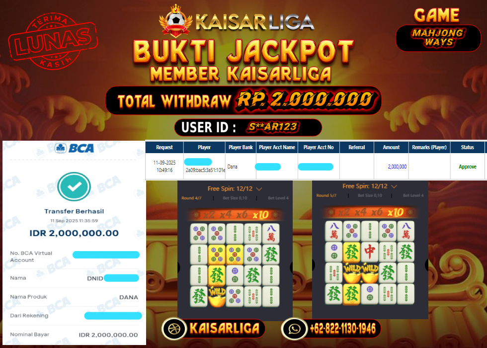 BUKTI JACKPOT SLOT KAISARLIGA RP. RP. 2.000.000.- LUNAS