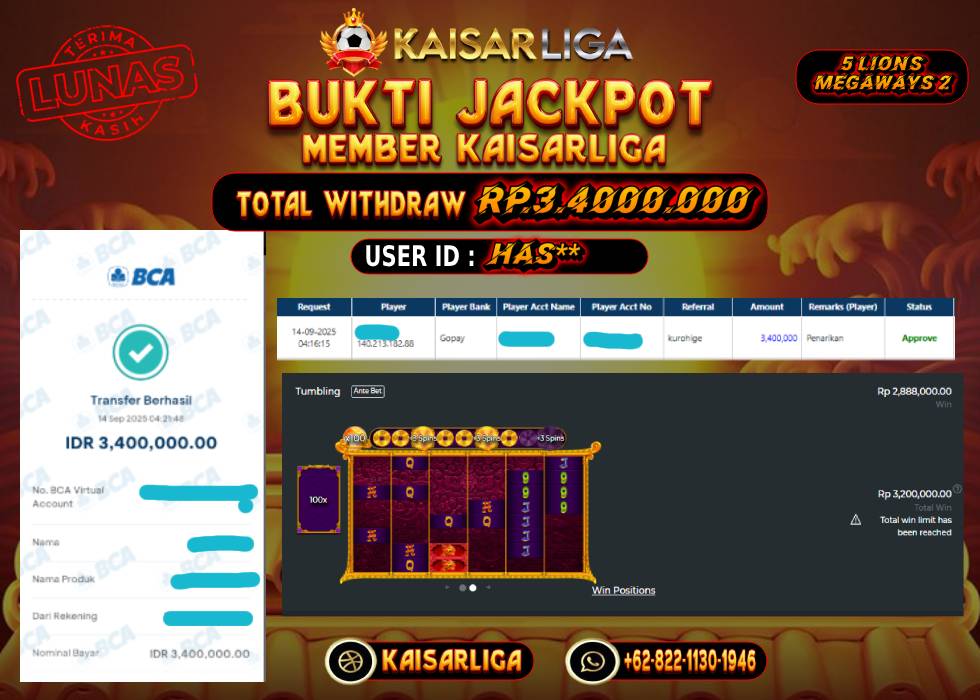BUKTI JACKPOT SLOT KAISARLIGA RP. RP. 3.400.000.- LUNAS